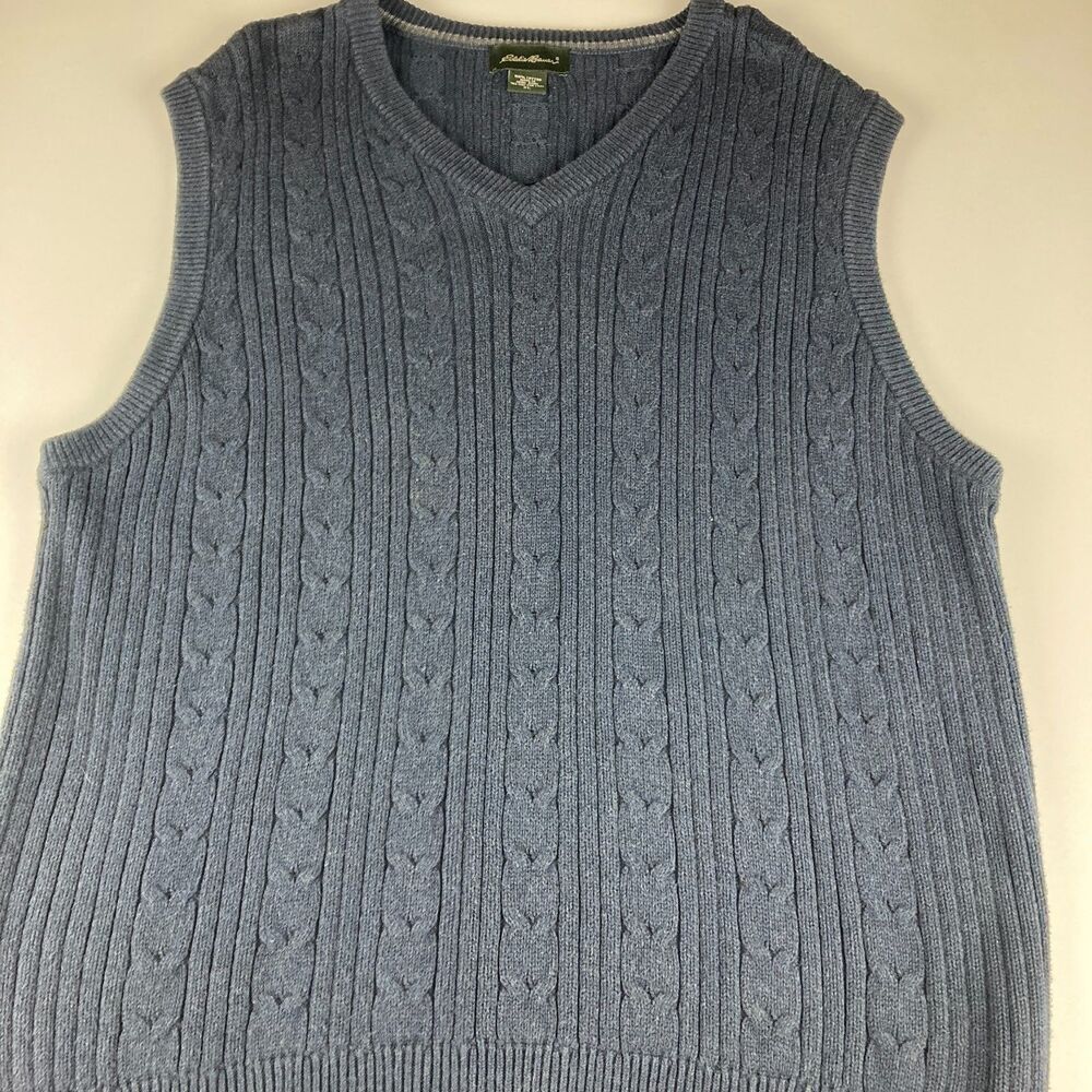Eddie Bauer Mens XL Blue Cable Knit Cotton V Neck Sweater Vest Made in Hong Kong - Picture 1 of 8